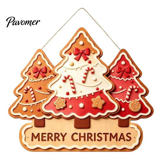 Christmas Front Entrance Sign Wooden Hanging Ornament, Multi-Layer Tree Wood Plaque Vintage Window Decor with Rope, Merry Festive Door Wall