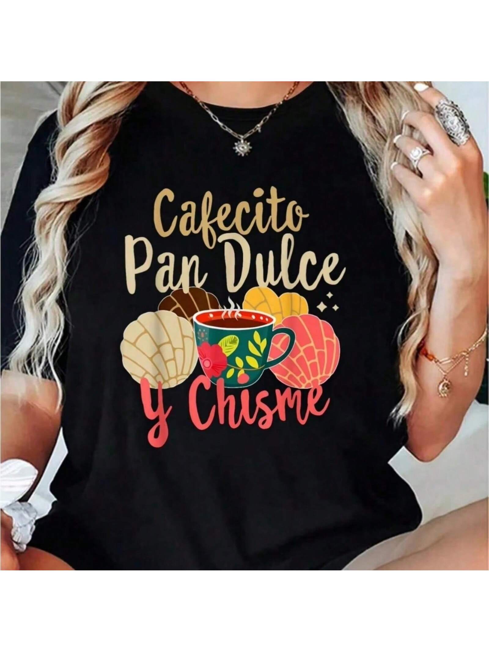 Hispanic Mexican Concha Coffee Cafecito Pan Dulce Y Chisme Printed T-Shirt For Summer, Soft Wounisex s Short Sleeve Top, Fashionabl S разноцветный