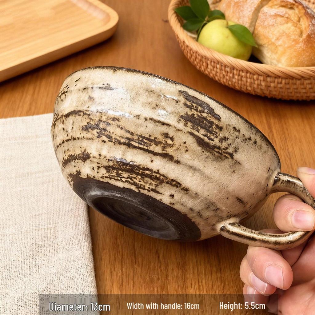 Japanese Retro Coarse Pottery Breakfast Bowl with Handle - Perfect for Salad, Dessert, or Yogurt.