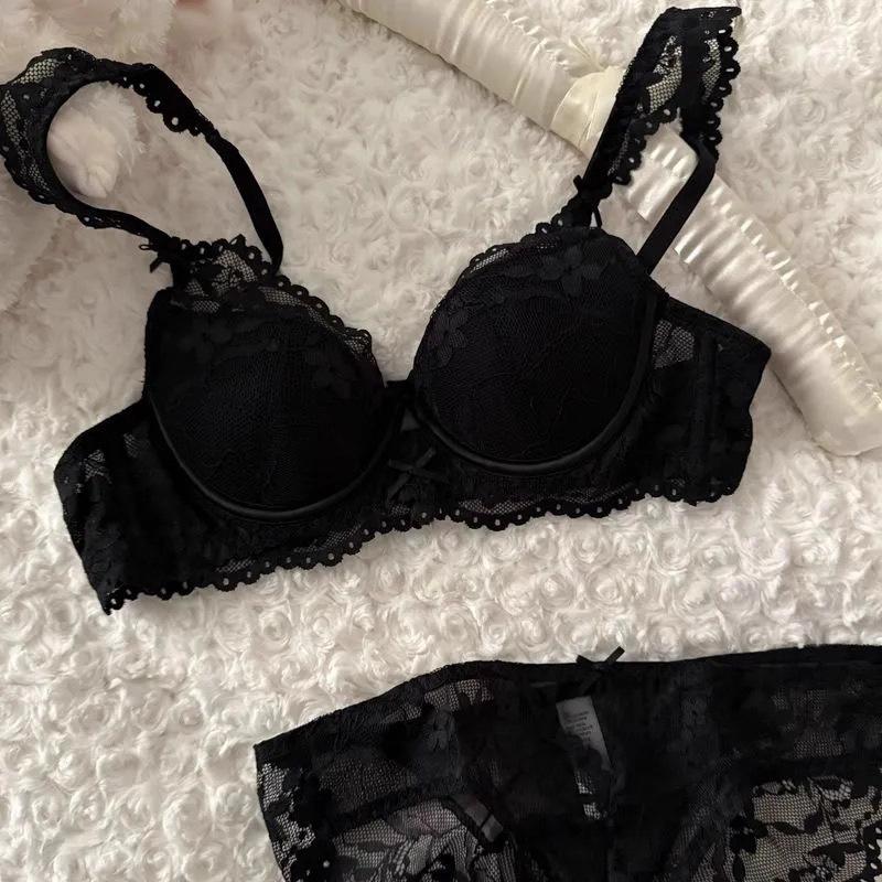 French Underwear Women's Small Breasts Gather Thin Breathable Breasts Anti-sagging Sexy Lace Back Bra Cover Set