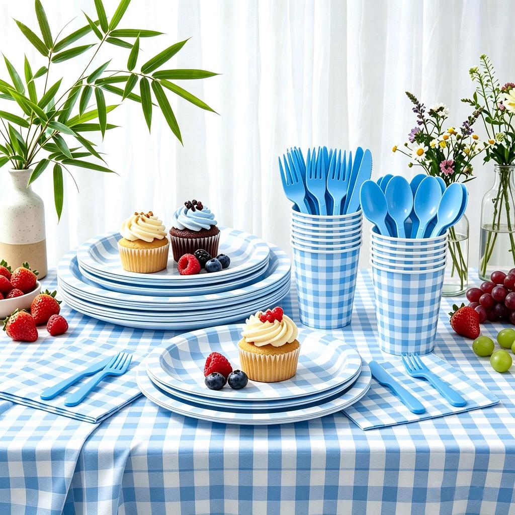 Colorful Plaid Retro Dining Plate Tablecloth for Outdoor Camping & First Birthday Party