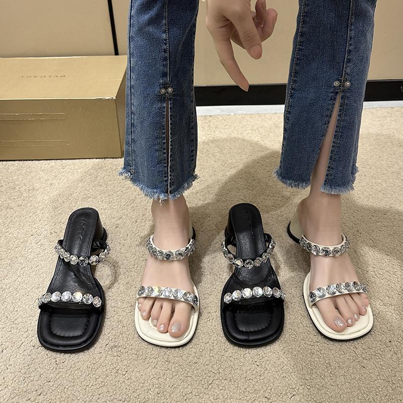 Crystal slippers female summer wear fashion fairy French transparent high heels thick heel sandals niche high-end sandals