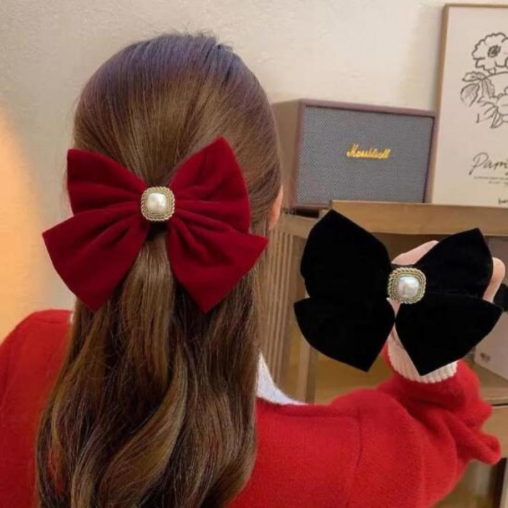 New Arrivals Open Run Women Bow Pearl Red Velvet Hairpin