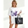 Black Oversized T Shirt With Purple Butterfly And Flower Print For Casual Wear