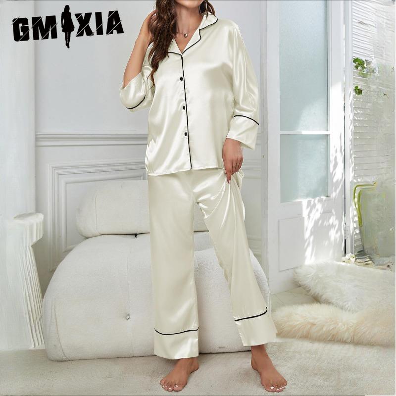 

GMXIA Simulation Silk Pajamas Women s Autumn and Winter Long-sleeved Pajamas Trousers Homewear Suit Can Be Worn Outside! XL белый