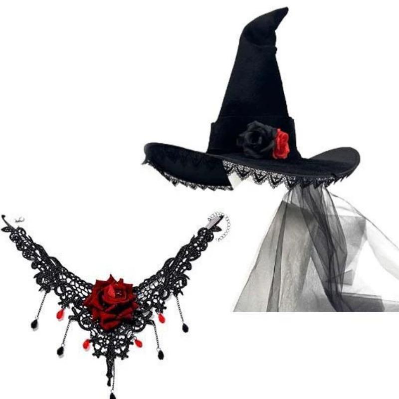 2/3pcs Lace Gothic Witch Hat with Tulle Veil & Rose Necklace - Women's Halloween Party Costume Accessory Fabric