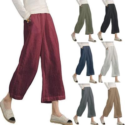 2Women's Linen Cotton Elastic Waist Wide Leg Casual Pants