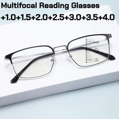 Men's Business Half Frame Progressive Multifocal Reading Glasses Unisex Anti Blue Light Multifocal Degree Glasses Near and Away