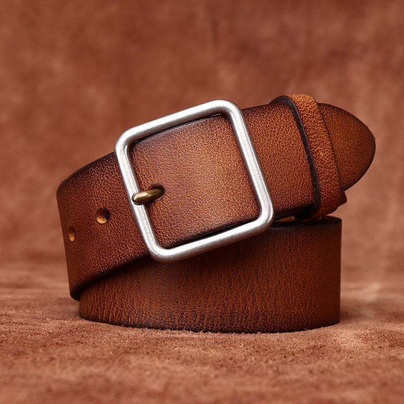 Stainless Steel Buckle Belt Men's Genuine Cattlehide Leather Surface Retro Simple Casual All-Match Jeans Belt Men