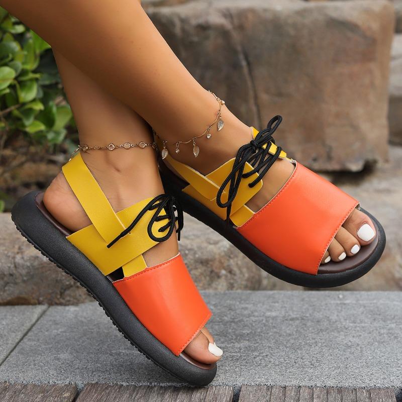 Platform Sandals Women's Summer New Round Toe Open Toe Colorblock Front Lace-Up Non-Slip Plus Size Romans