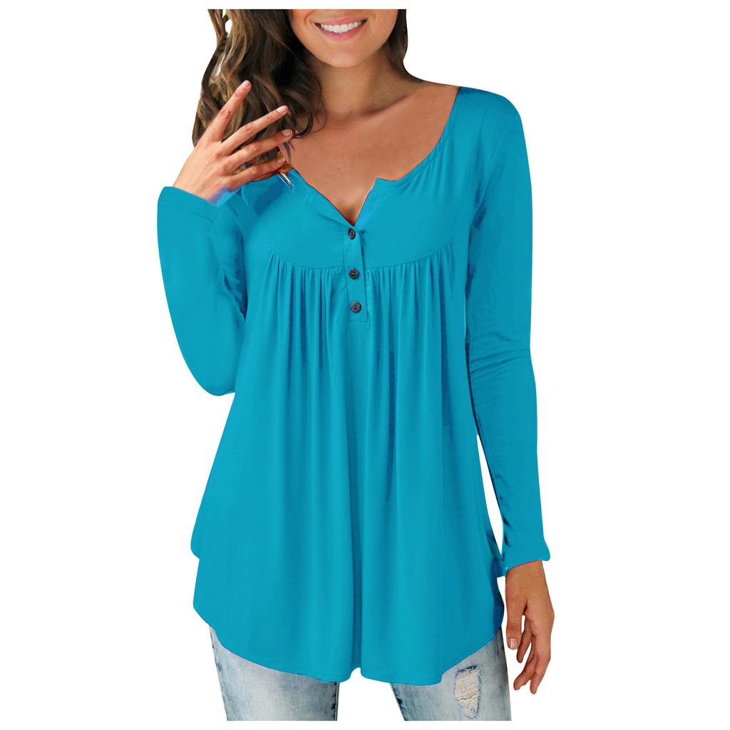 Women's Casual Loose Solid Color Long-sleeved Loose  Button Pleated Top