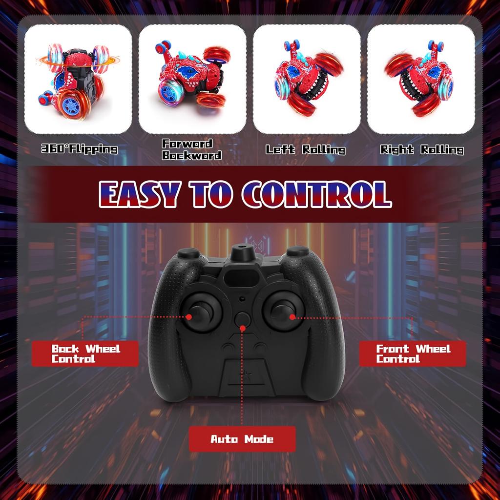 Dinosaur Stunt Car, 2.4GHz Wireless Remote Control, Bright Flashing Lights, Fun Racing Game