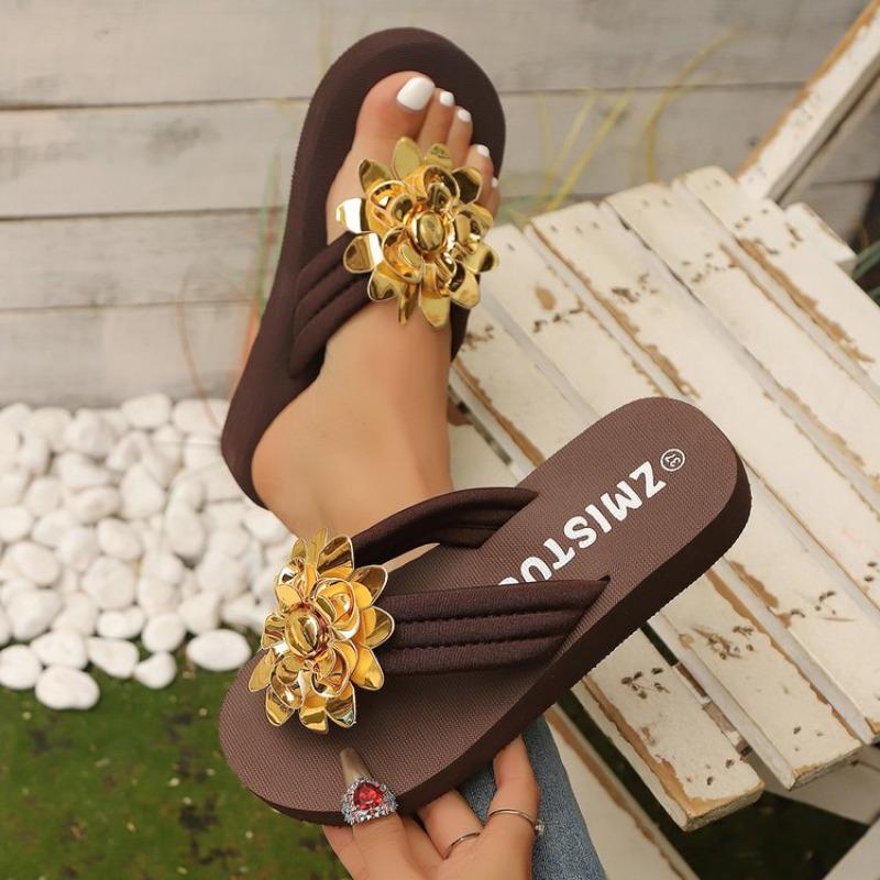 Modische Damen-Keilabsatz-Pantoletten mit dicker Sohle, modische Blumendekoration, bequeme Hausschuhe, lässige, leichte Strand-Flip-Flops