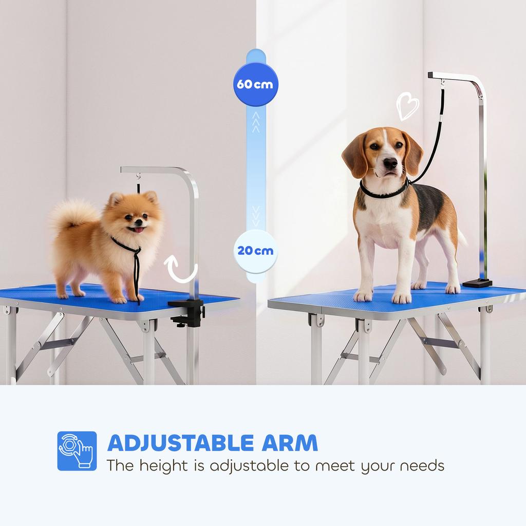 32" Foldable Dog Grooming Table Pet Drying Beauty Table Adjustable Fixed Arm Rubber Top, Blue