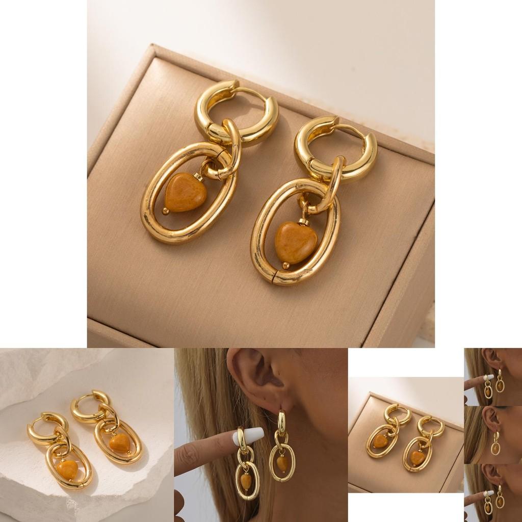 Trendy Heart Design Natural Stone Earrings With Gold Plating