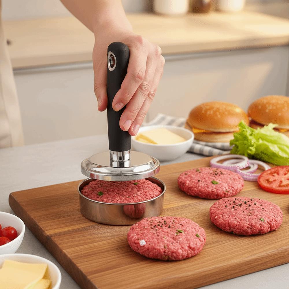 Stainless Steel Manual Meat Pie Press Mold Round Durable Meat Patty Press Hanging Non-Stick Meat Pounder Food Preparation