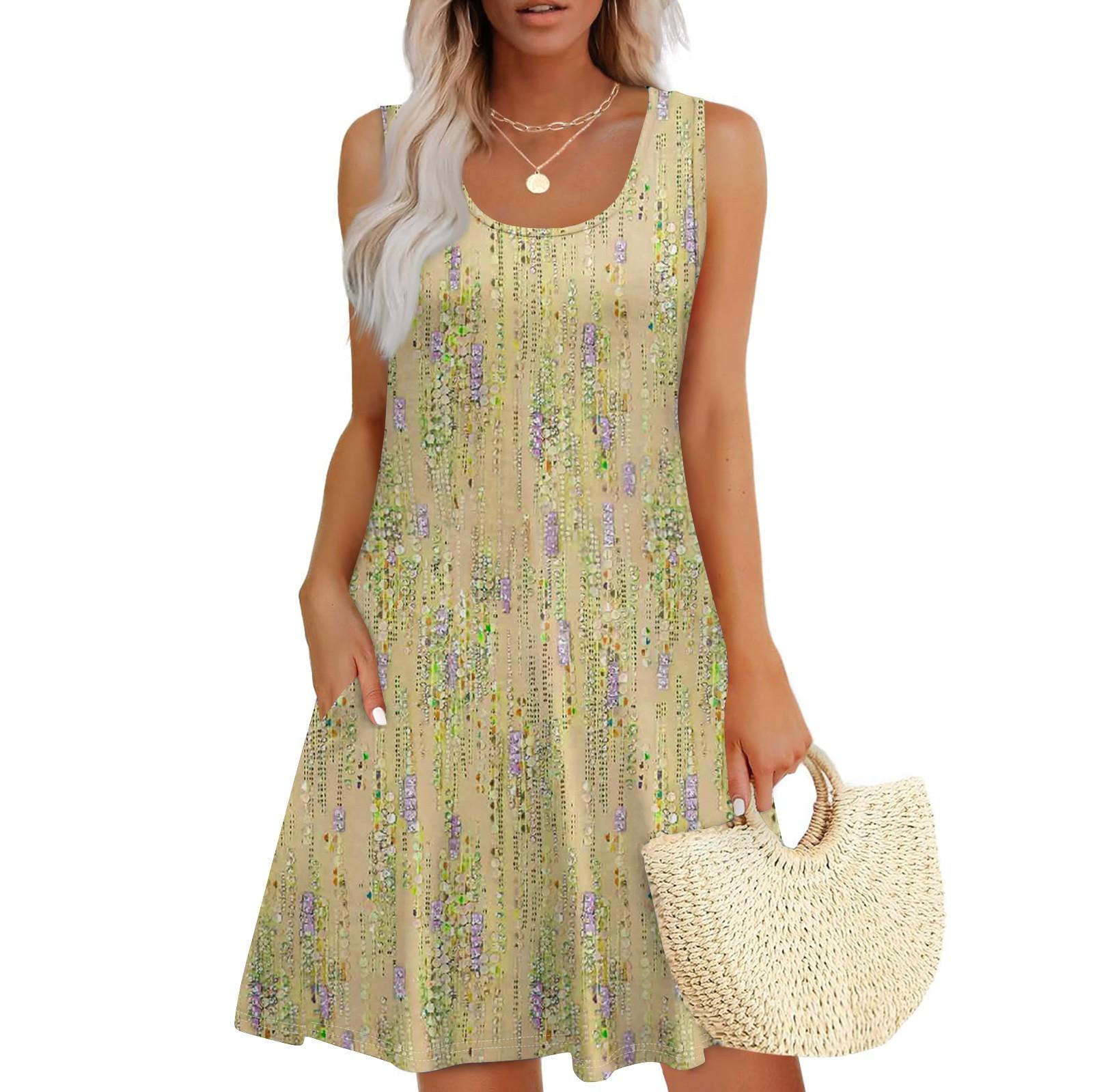 

Женское летнее повседневное платье с квадратным вырезом и цветочным принтом, платье без рукавов с карманами XL жёлтый