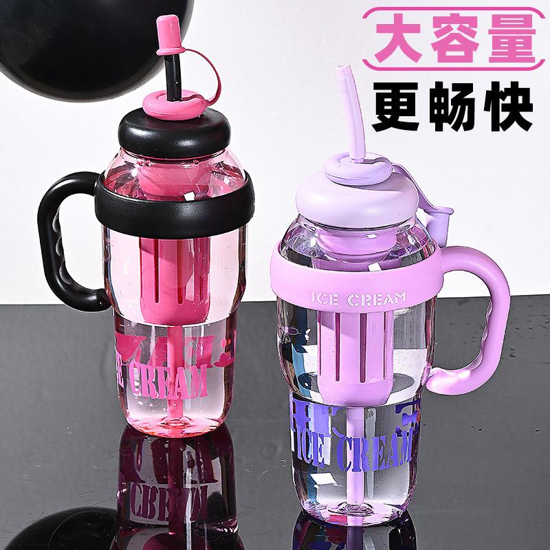 Water bottle summer large capacity plastic cup handle portable water cup plastic giant cup simple straw kettle transparent cup