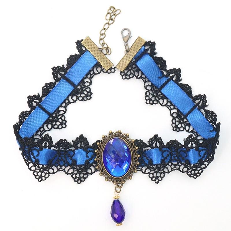 Готический кружевной чокер с кристаллами и подвеской, женское ожерелье-воротник для костюмированной вечеринки, винтажный толстый чокер синий