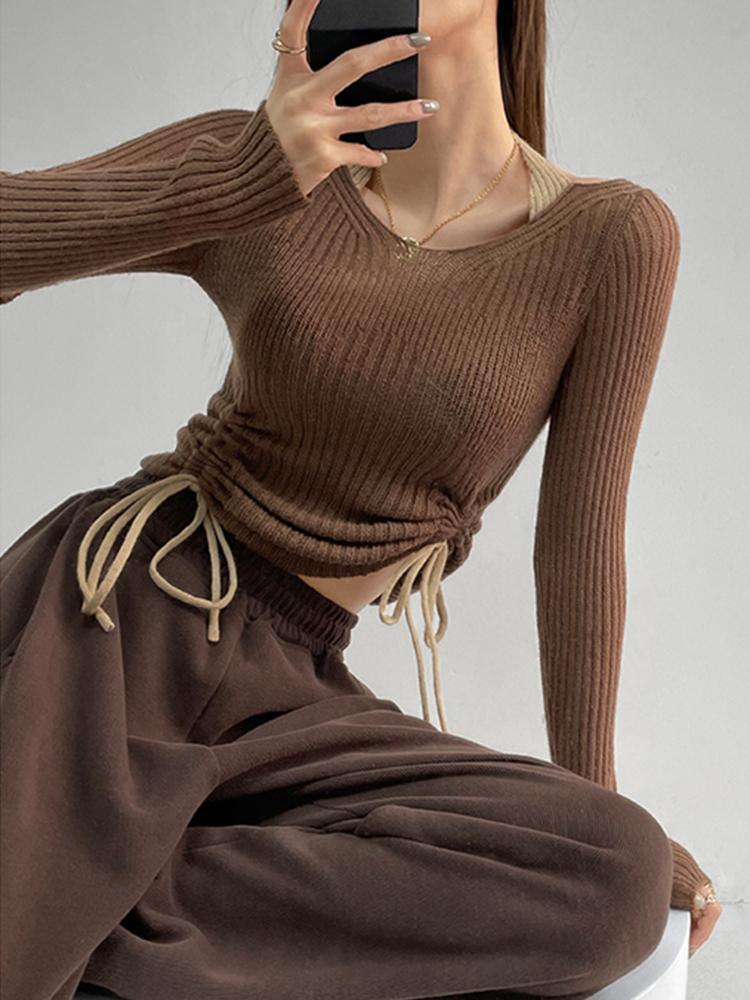 

Модный осенне-зимний женский пуловер Y2k, футболки с длинными рукавами и плиссированной шнуровкой, базовый однотонный сексуальный топ M коричневый