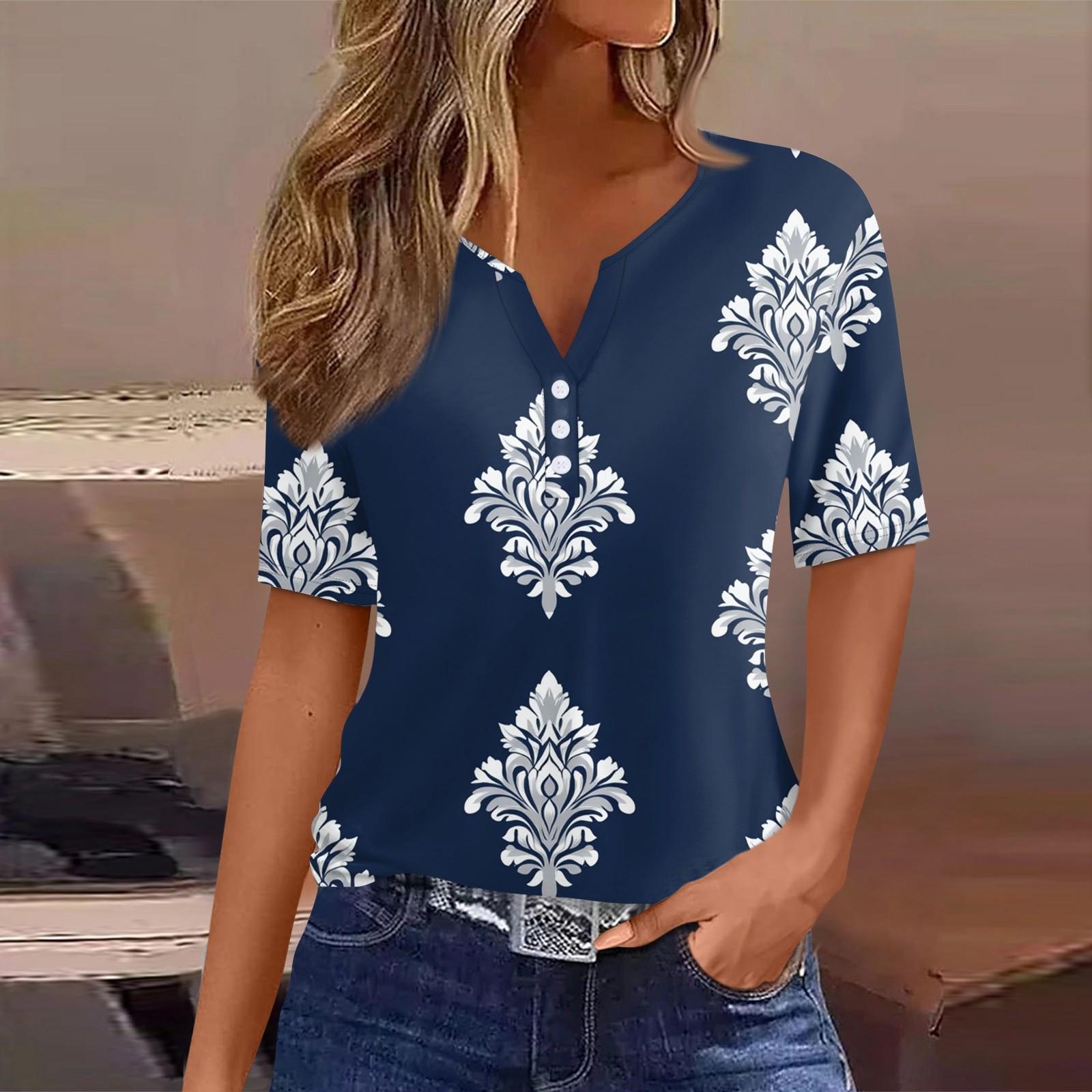 

Женская повседневная футболка с коротким рукавом и V-образным вырезом, декоративная отделка пуговицами S