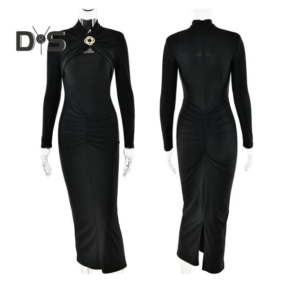 Dámské večerní šaty s vyhloubeným tělem, kovová spona nařasená elastická čistá barva midi šaty s dlouhým rukávem, plesové šaty