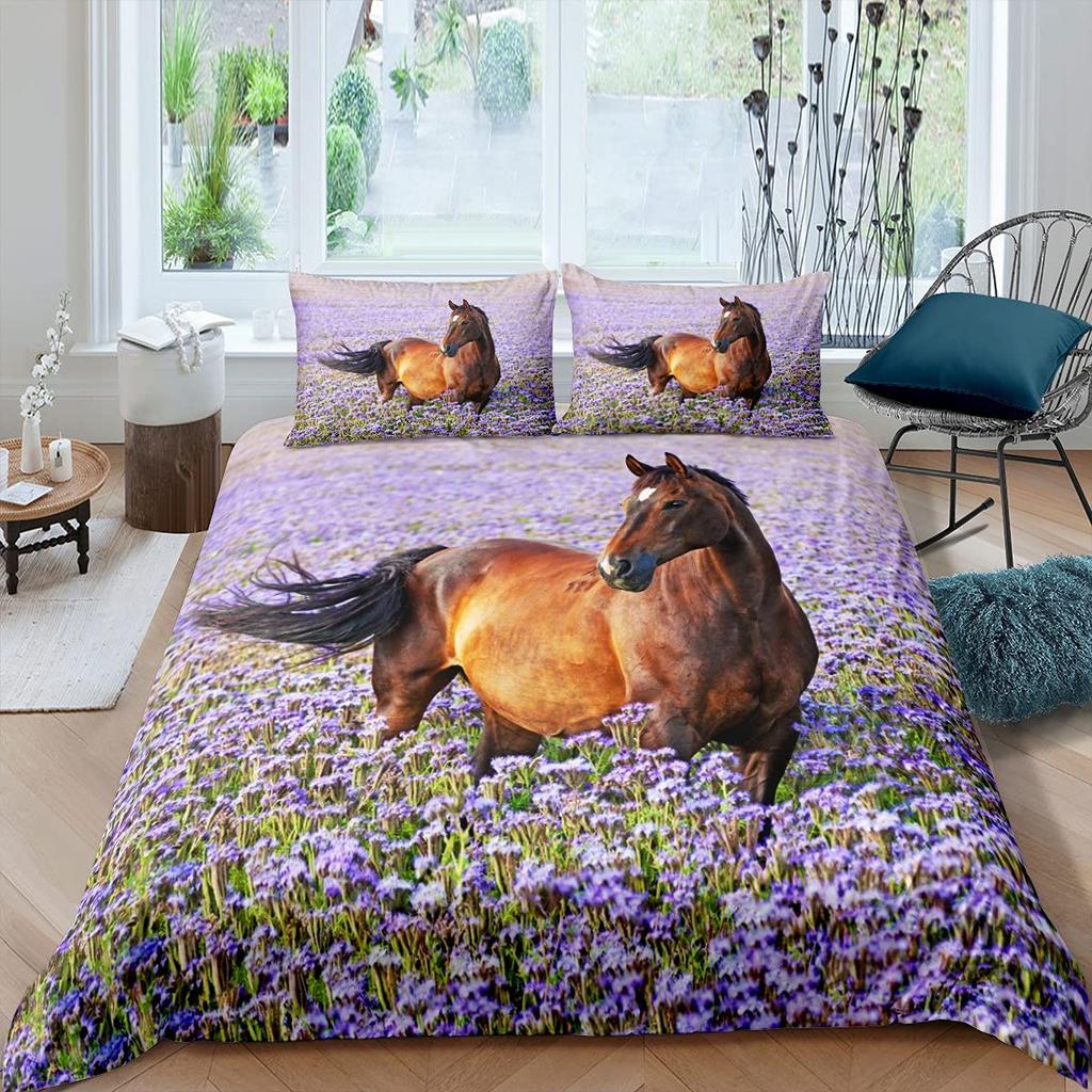 Comforter Horse Cherry Blossom Branches Lavender Purple Bedding Sets Galloping Horse Comforter 2/3Pcs
