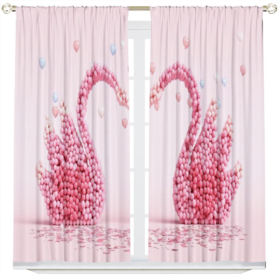 2 Pcs Valentine's Day Pink swan print curtains,suitable for bedroom,living room kitchen decoration,home decoration,window decor