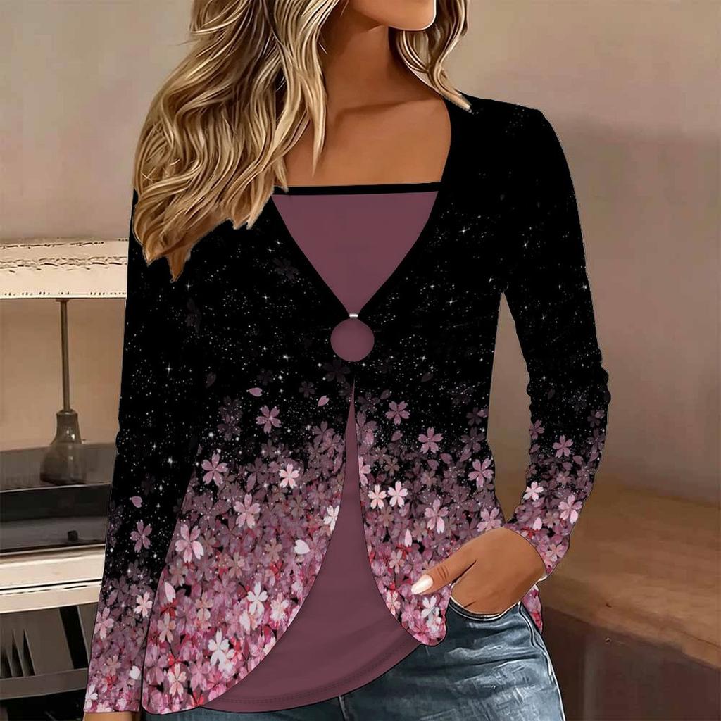 Tops for Women  Floral Print Long Sleeve Fake Two‑Piece Top Fall Casual Slim Pullover Women's Long Sleeve Top