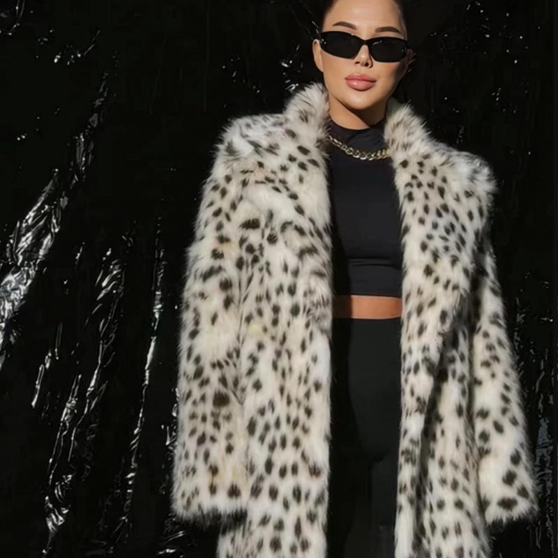 Women's leopard print imitation fur jacket fox hair long coat toka hooded winter mink trench coat fur