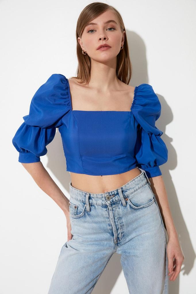 Women's Style Blouse Indigo Crop Balloon Sleeve Square Neck Woven Blouse