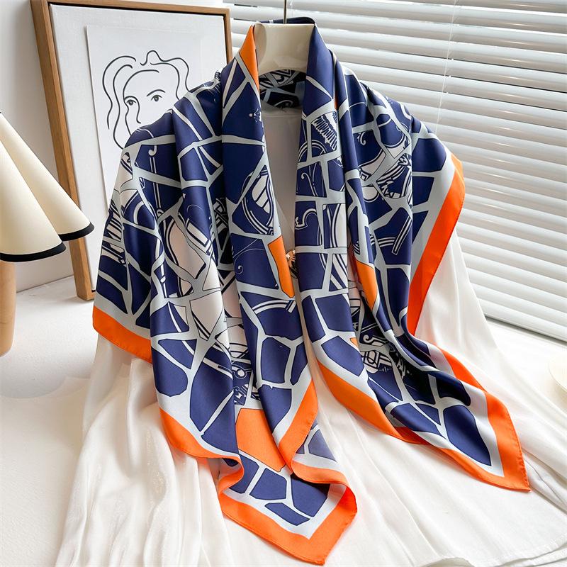 Striped Twill Silk Scarf: Large Square Shawl & Sunscreen Travel Headscarf - 90cm, Perfect for Spring & Autumn