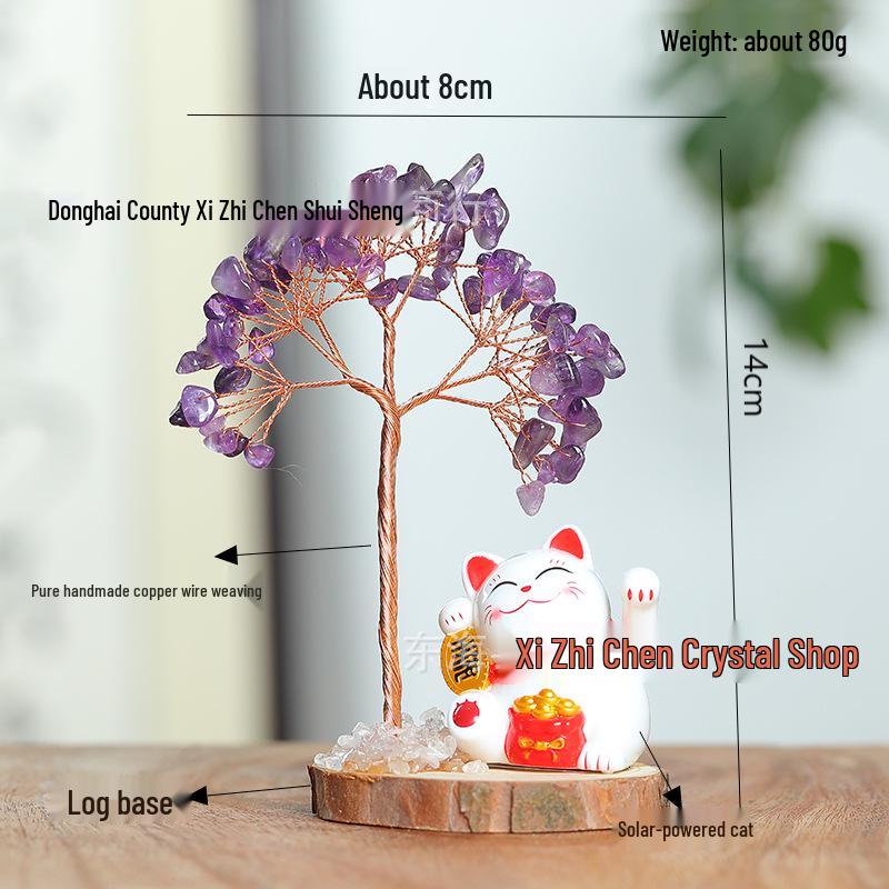 Yellow Crystal Money Tree with Lucky Cat on Natural Wood Base - Home and Office Decor Ornament