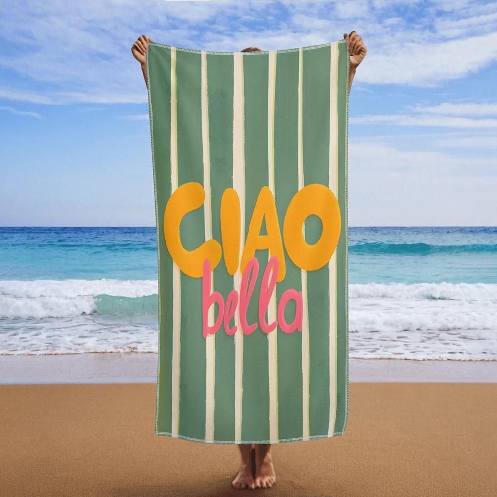 1Pc Ciao Bella Striped Beach Towel, Vibrant Orange And Purple Pool Towel For Summer Vacation