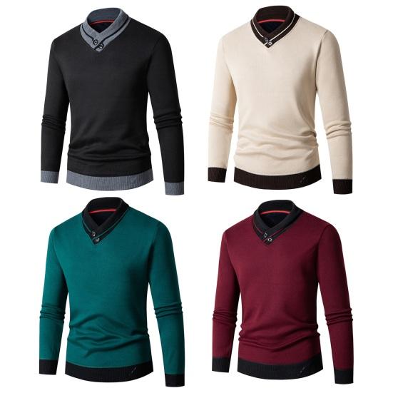 Autunno Inverno Uomo Maglione Scollo a V Lavorato a Maglia Spesso Elastico Caldo Maniche Lunghe Pullover Slim Fit Colore a Contrasto Lunghezza Media Uomo Biancheria Intima Termica