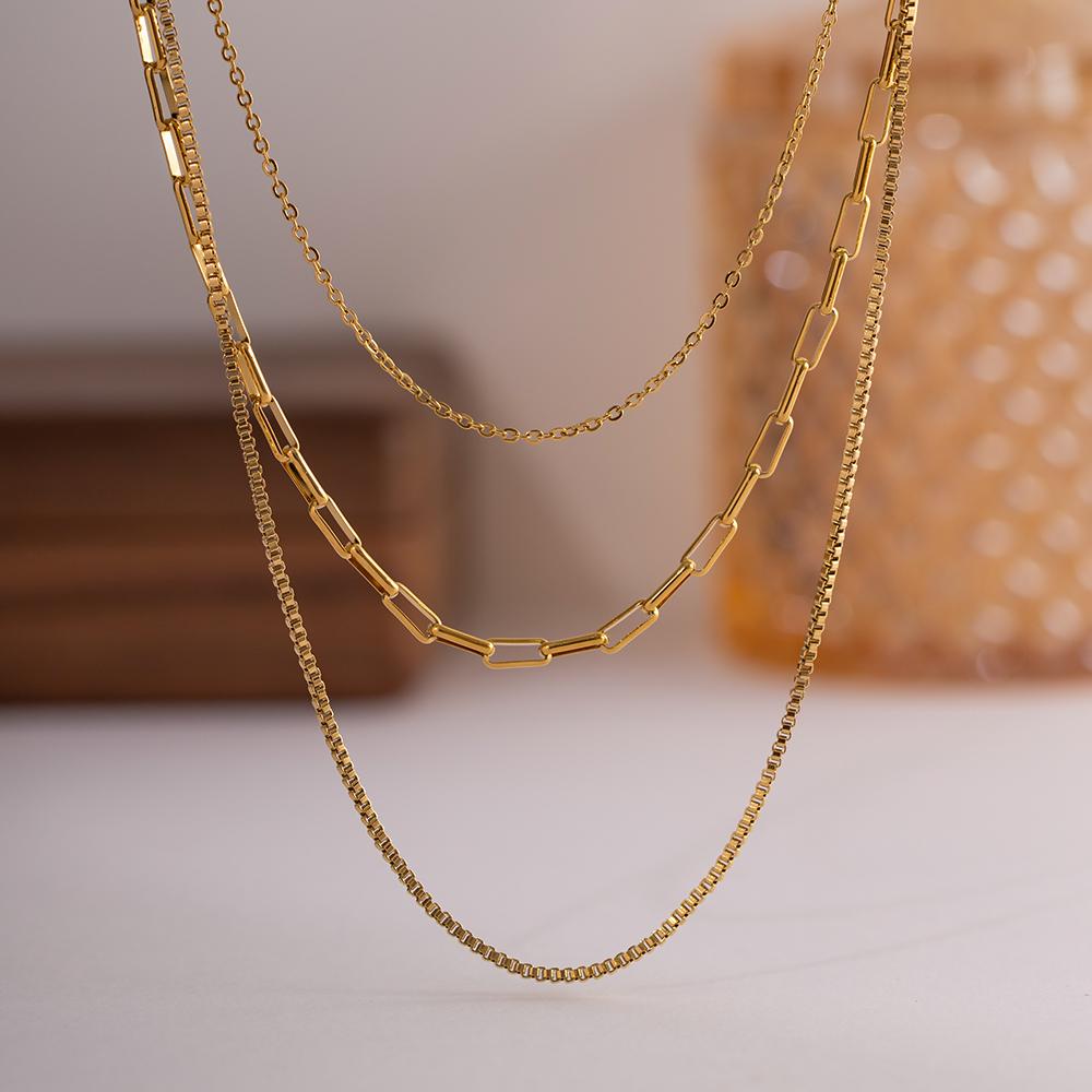 Yori Geometric 18K Gold Plated 3mm Snake Chain Layer Necklace Gift Stainless Steel Triple Layer Snake Chain Necklace For Women