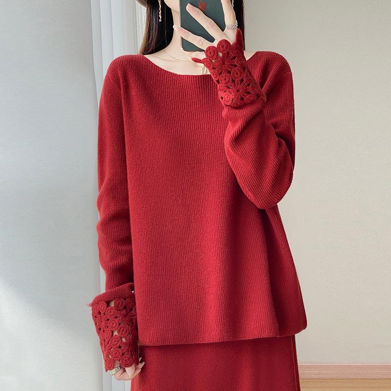 

Autumn/Winter Pure Wool Knit Two-Piece Set: Round Neck Long Sleeve Top & Mid-Length Hollow Crochet Skirt XXL