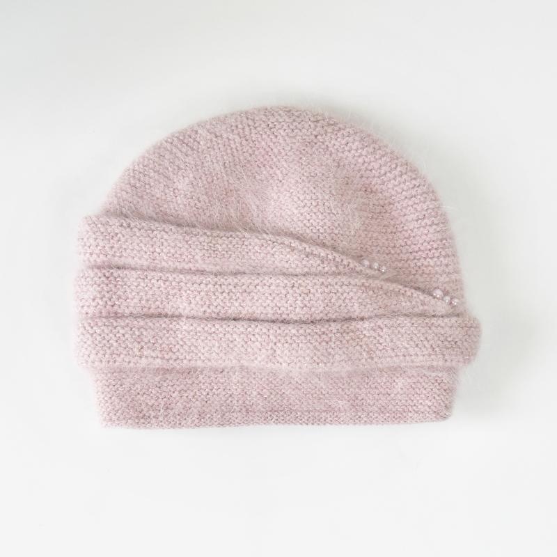 Winter Angora Wool Knitted Beanie for Elegant Ladies Custom Warm Skull Hats With Pearls Middle-Aged Women Rabbit Wool Hats