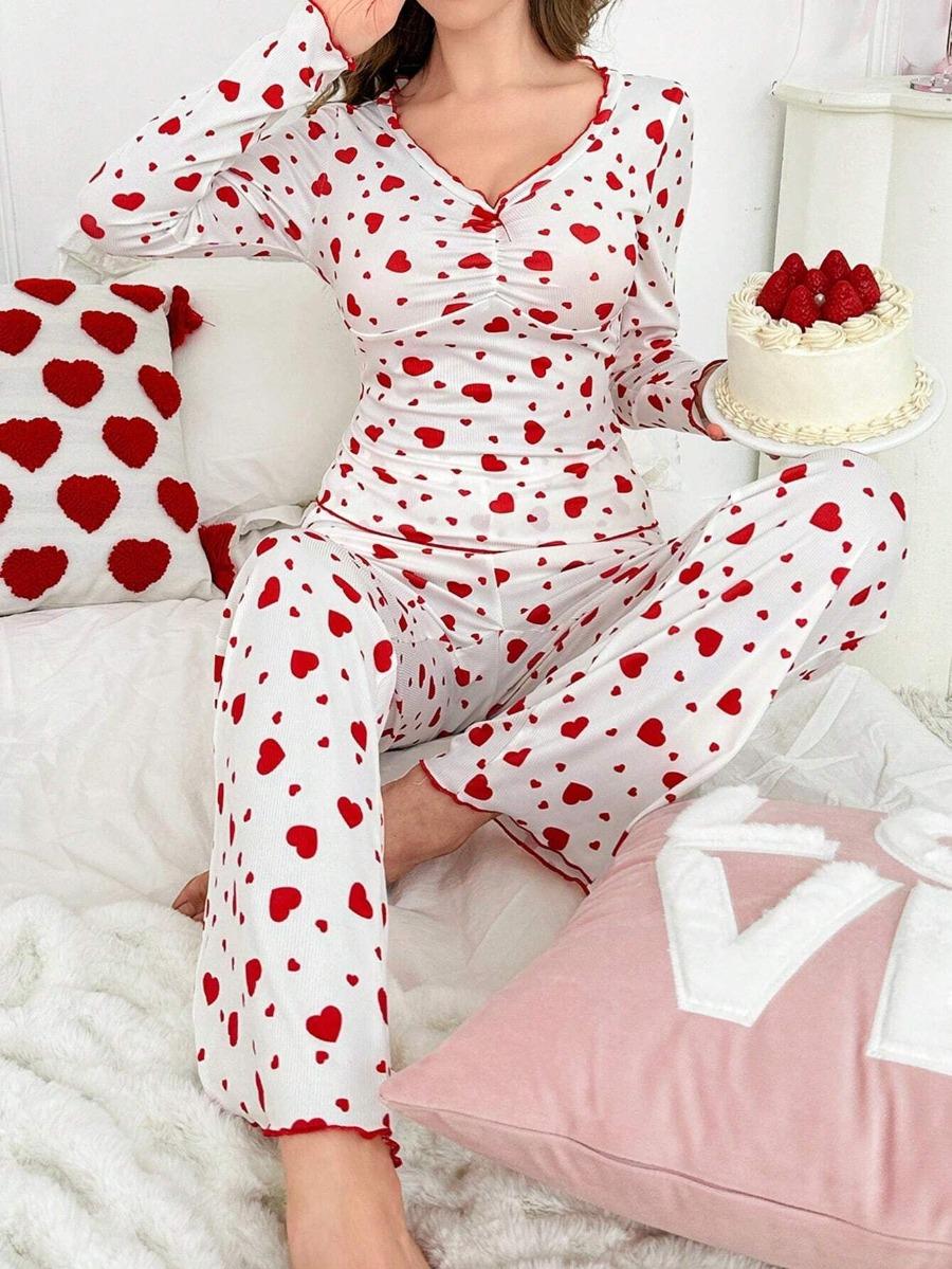 

spring autumn heart print pajamas set women s ruffles long-sleeve top trousers pyjamas two-piece set sleepwear casual loungewear 1XL