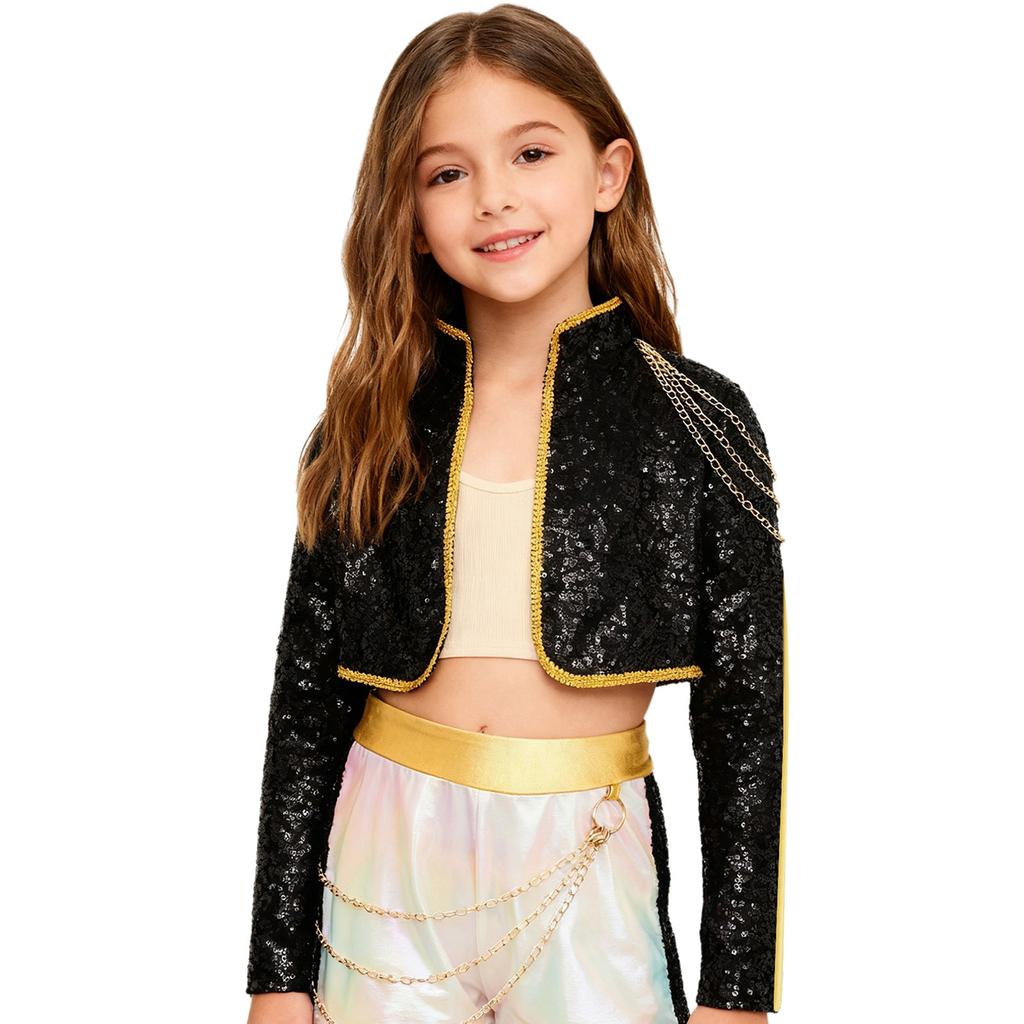 Mädchen Sängerin Cosplay Kostüm Langarm Stehkragen Geflochtene Borte Glänzende Pailletten Oberbekleidung