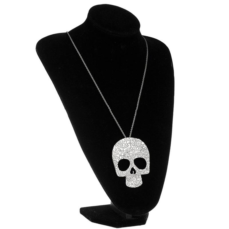 Women's Vintage Gothic Carved Flowers Skull Pendant Chain Necklace Long Sweater Chain Fashion Jewelr