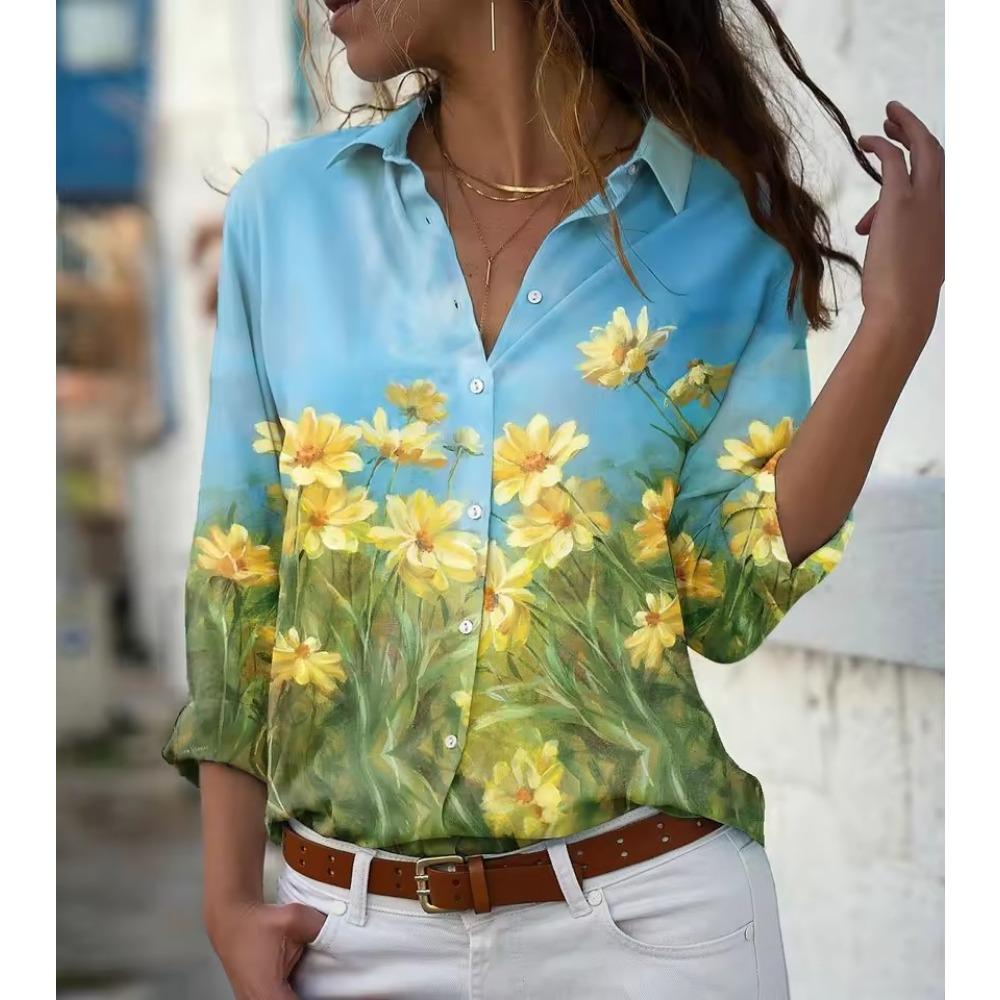 Women'S Simple Shirts 2025 New Floral Print Shirts Summer Vintage Lapel Button Tops Elegant Fashion Long Sleeve Blouses Casual