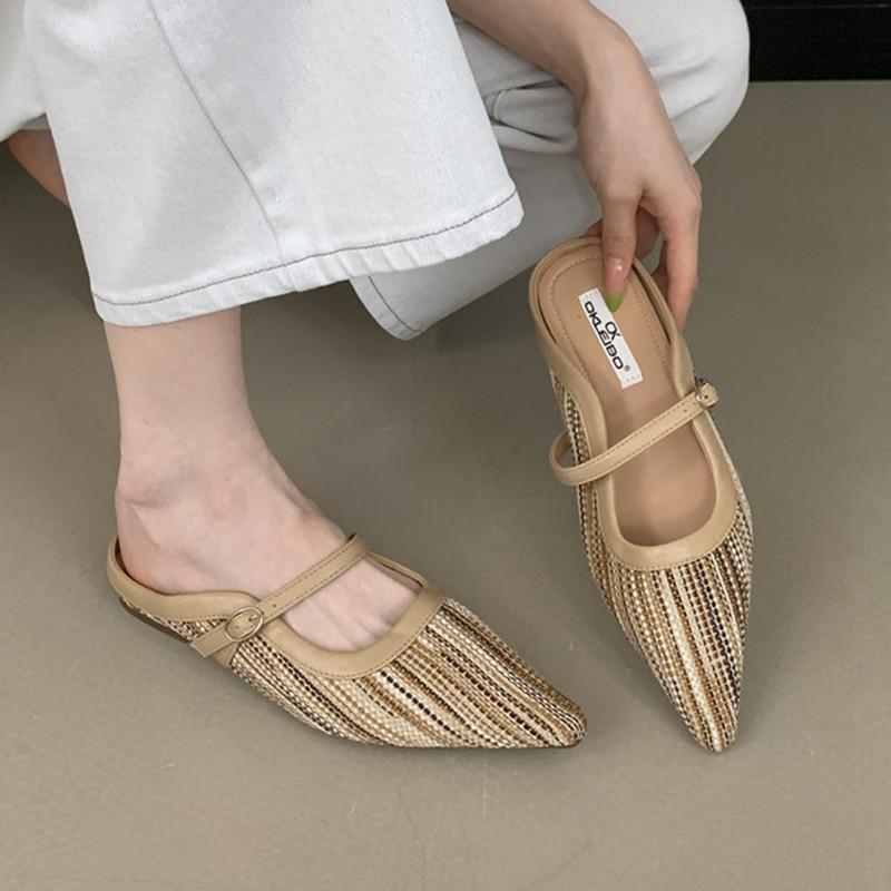 Bailamos Women Flats Fashion Point Toe Slip On Mules Shoes Soft Slippers Flat Heel Outdoor Casual Dress Sandals