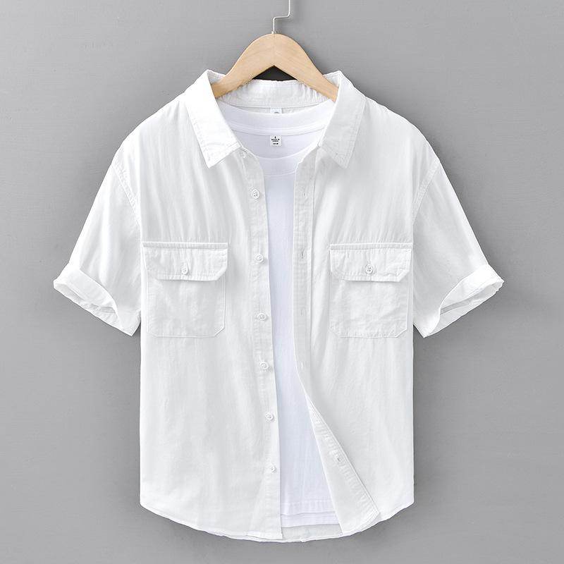 

Летняя модная рубашка с коротким рукавом для мужчин в японском стиле, рабочая одежда, рубашка с двойными карманами, чистый хлопок, воротник-лацкан, повседневные мужские топы XL белый
