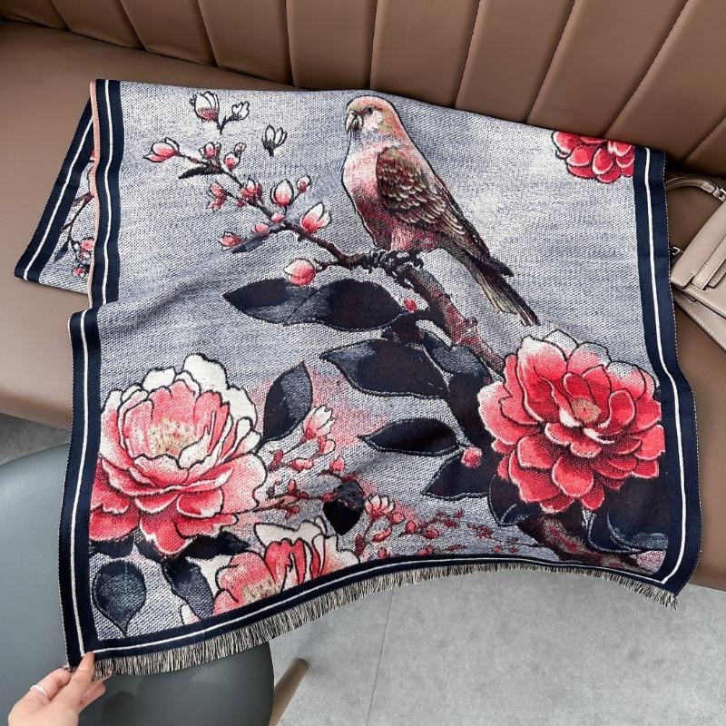 Retro bird flower shawl women's autumn and winter travel versatile multi-functional warm scarf double-sided scarf