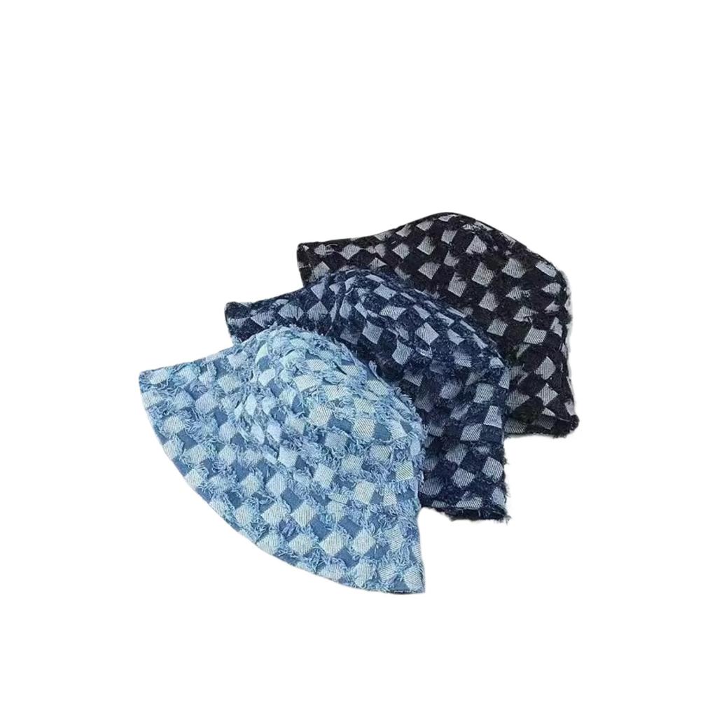 New Korean Style Denim Blue Plaid Bucket Hat For Women Summer Outdoor SunShade Checked Cap Luxury Designer Party Gift