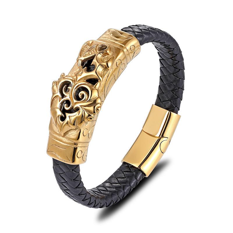Men'S Jewelry, Gold Steel Color, Titanium Steel, Stainless Steel, Black Leather Rope Bracelet, Magnet Buckle Personality