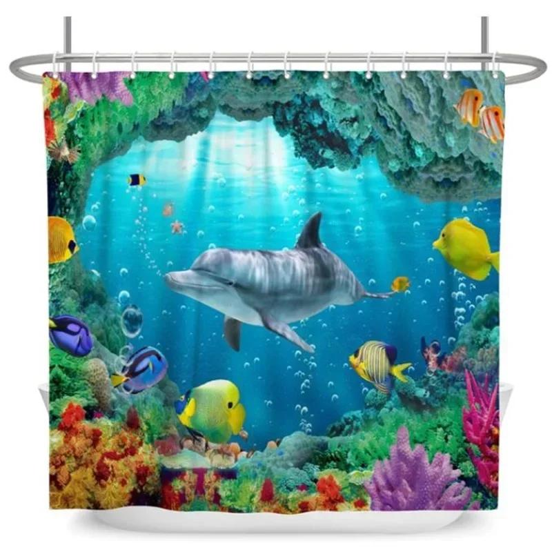 Underwater World Bathroom Shower Curtain Sea Turtle Dolphin Ocean Creature Landscape Bath Curtains Children Cloth Bathroom Decor