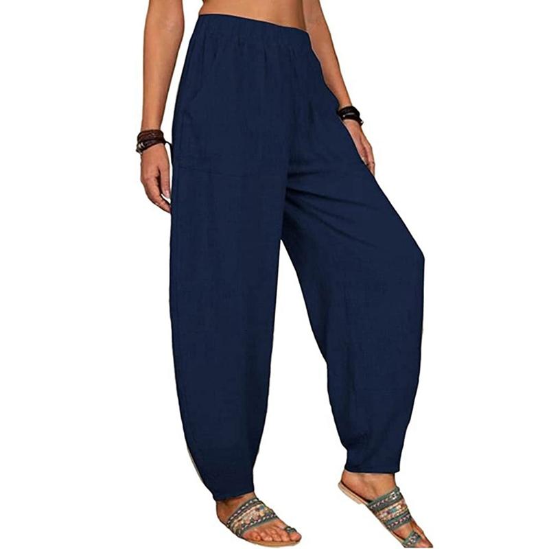 Damen locker lässige Baumwoll-Leinen-Mischhose elastische Taille mit Tasche