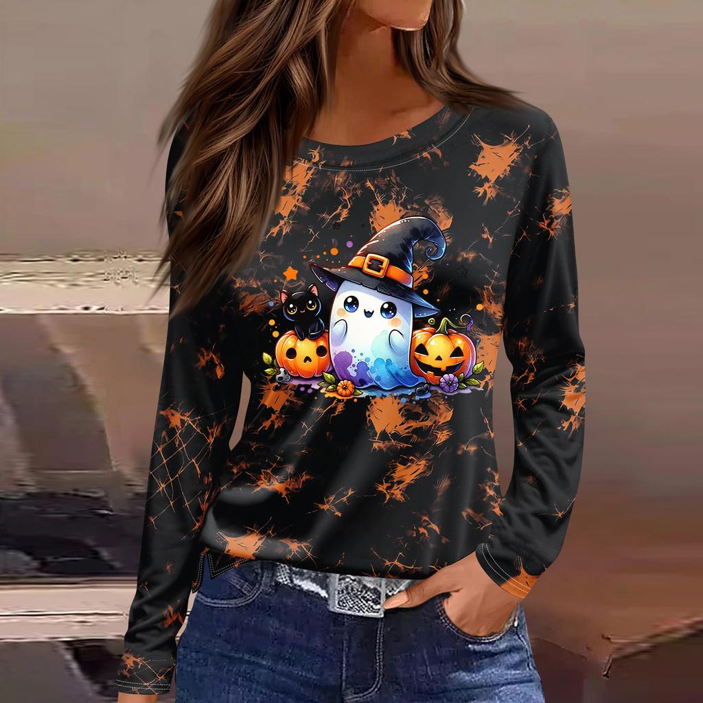 Women's Long Sleeve Round Neck Top with Halloween Print and Side Slit Hem